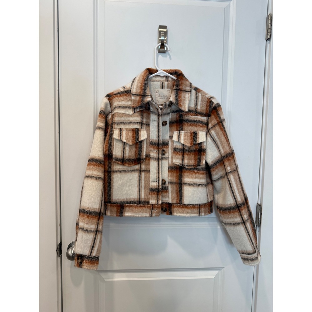 Altar'd State Cropped Plaid Shacket Brown Cream Rust Small - Picture 2 of 6